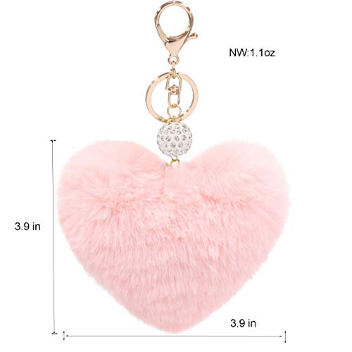 Image of Women's Heart Faux Fur Pom Pom Key Chains Bag Accessory Puffball Keyring Backpack Charms for Girls