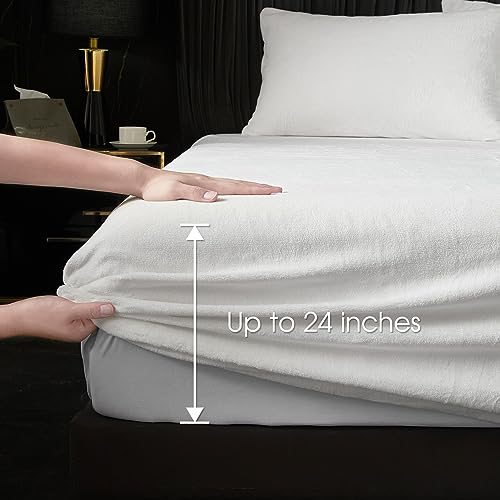 HYPREST Flannel Sheets King, Deep Pocket King Sheets fits Mattress Up to 24" Inches,250 GSM Velvet Plush Fleece Warm No Slip Bed Sheet Sets White