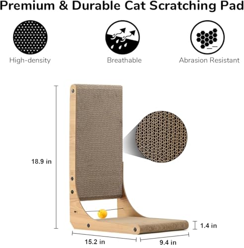 FUKUMARU Cat Scratcher, 18.9 Inch L Shape Cat Scratch Pad, Vertical Cat Scratcher Wall Mounted, Cat Scratching Cardboard with Ball Toy for Indoor Cats - Image 4