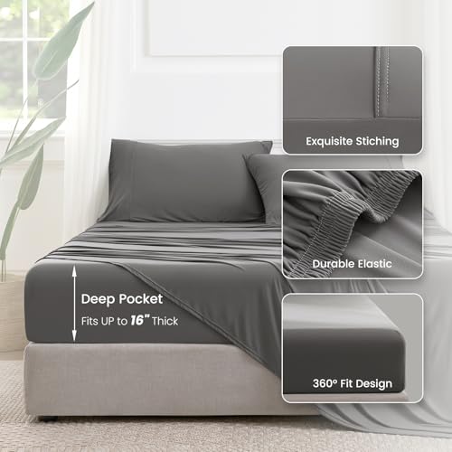Image of Dream Valley Cooling Sheets Queen Size, Cooling Fitted Breathable Bed Sheets & Flat Sheet with 2 Pillowcases-4 PCS for Night Sweats & Hot Sleepers, Q-Max >0.45 Aerocool, Deep Pocket 16 inch,Gunmetal