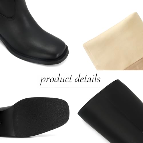 Image of DOEYG Women's Banana Knee High Boots Square Toe Chunky Block Heel Tall Boots Wide Calf Fashion Comfortable Casual Pull on Long Boots