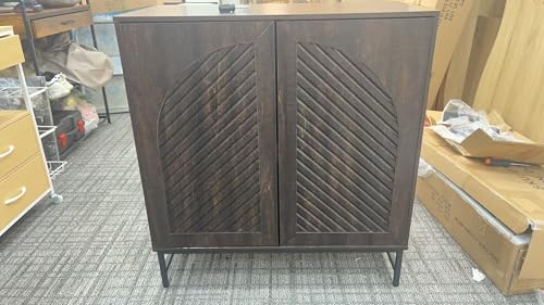 Image of Modern Buffet Cabinet with Storage 34 inch Tall Fluted Arched Doors, w /Adjustable Shelves, Storage Cabinet for Living Room Kitchen, Entryway, Dining Room, Bathroom, Office, Brown