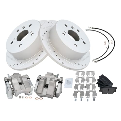 Image of TRQ Performance Rear Brake Pad and Rotor Set Semi Metallic Slotted Drilled Coated Rotors Calipers Compatible with 2007-2012 Lexus ES350 2008-2012 Toyota Avalon 2007-2011 Camry