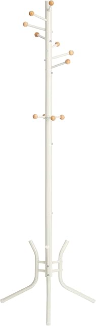 SONGMICS Coat Rack, Freestanding Metal Coat Tree, 11 Hooks with Wooden Ends, for Coats, Hats, Bags, 53.5 x 53.5 x 173 cm, White RCR028W01