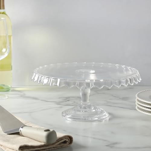 Image of Martha Stewart Watercrest Glass Cake Stand, 10.2 Inch Footed Pedestal Cake Plate with Scalloped Ruffled Edge, Clear Handmade Glassware for Weddings, Parties, and Dessert Display