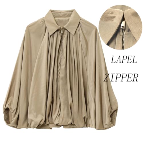 Balloon Sleeve Jacket for Women, Batwing Sleeve Lapel Collar Zip Front Pleated Shirts, Women's Puffed Bomber Jacket Oversized2