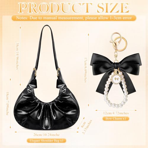 Abbylike Coquette Ruched Shoulder Bag for Women Cute Leather Clutch Cloud Purse with Bow Charm Crescent Handbag Tote Bag Girl2