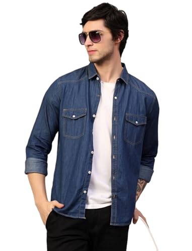 Image of Men's Denim Shirt with Regular Fit Solid Pattern Long Sleeve Collared Neck and Button Down Closure|Men Denim Shirt