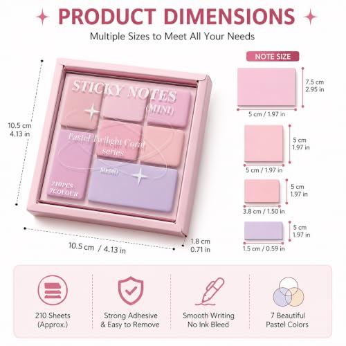 Image of 210 Sheets Colorful Sticky Notes | Mini Pastel Tabs | Self-Adhesive Memo Pads for Notes-4 Size, Reminders, Planners, Study, Office & Creative Journaling, Reminders, and Creative Ideas (Multi coler)