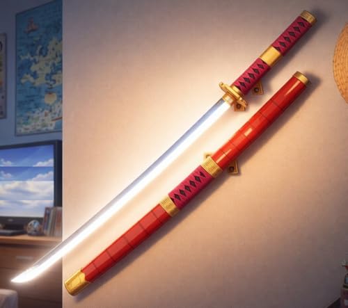 Thommys Things One Katana - Sabre láser LED de bambú blanco brillante en estilo Zoro Sandai Kitetsu (100 cm de largo, 71 cm de largo, barra de luz LED, para cosplay, LARP, coleccionistas