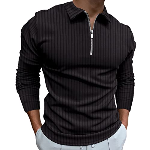 Polo Shirts for Men Golf Shirts Long Sleeve Zip Up Lapel Business Smart Casual Tops Henley V Neck Rugby Black XL