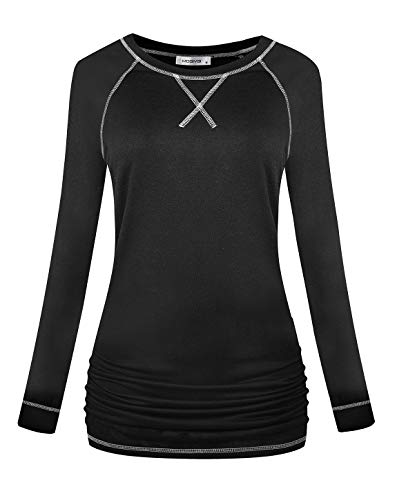 MOQIVGI Womens Long Sleeve Workout Tops Loose Fit Fast Dry Raglan Shirts Ladies Trendy Casual Soft Stretchy Ruched Running Jogging Yoga Gym Activewear Black Medium