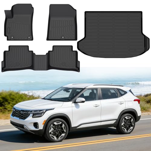 Floor Mats for Kia Seltos 2021-2025 Heavy Duty TPE All Weather Protection Waterproof Non-Slip Black Car Liners for S | LXEXSXX-Line (Two-Row Floor Mats & Cargo Liner)