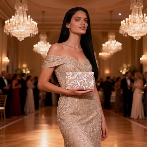 Image of Clutch Purses for Women, Envelope Package, Sequin Embroidered Flowers Straw Bag, Bohemian Handmade Handbags