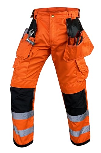 Notus Men's Work Safety Pants High Visibility Cordura Knee Reinforced Tactical Trousers Utility Tools Holster Pockets S5 Orange 40 34