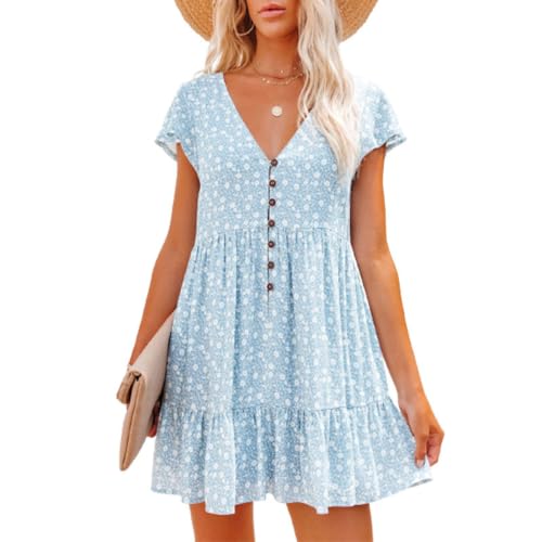 Robe imprimée d'été cintrée à manches courtes pour femme évasée en coupe trapèze