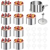 Dazhtu 10 Stück Dessertringe und Speiseringe Set, 8cm Runde Mousseringe Servierringe Edelstahl Set mit Deckel & Basis & Schablonen, Tortenring klein für Backen Dessert Mousse & Anrichten