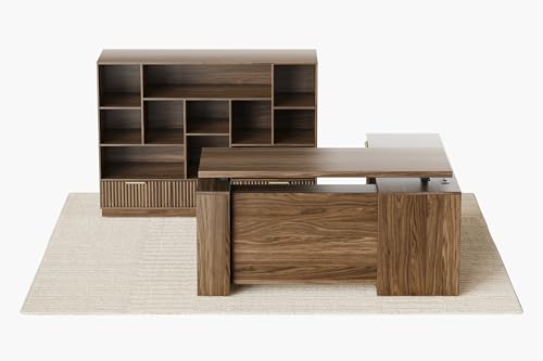 Perledesign Home Office Furniture Set, 63'' L Shaped Standing Desk with 44'' Bookshelf, Electric Height Adjustable Desk with File Cabinet, AC/USB and Bookcase with 3 Drawers, Fluted Black Walnut