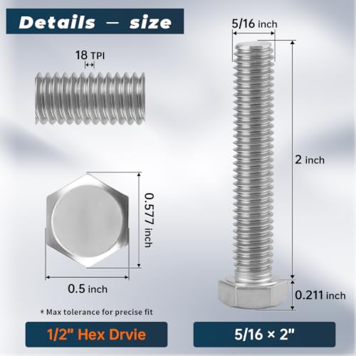 Image of 10 Sets Glvaner 5 /16-18 x 2 inch Stainless Steel Hex Head Screws Bolts, Nuts, Flat & Lock Washers, 18-8 (304) Stainless Steel, Full Thread, Coarse Thread