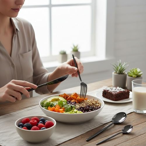 Image of 8 Pcs Black Slim Handle Stainless Steel Cutlery Set for Dining Table with Spoons and Forks Set + Butterknives - The Perfect Tableware /Flatware