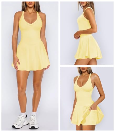 Women's Sexy V Neck Pleated Flowy Tennis Dress for Women Athletic Golf Workout Summer Mini Dresses with Shorts Pockets3