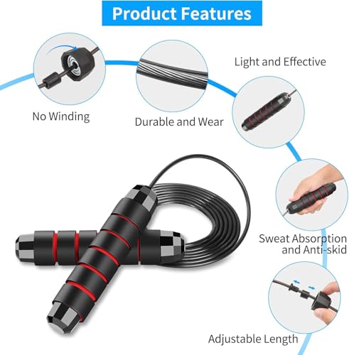 ماستر يور كارديو مع حبل قفز بريميوم كوالتي بدون تشابك من سبورت كيو®️ للرجال والنساء والاطفال قابل للتعديل لتمارين اللياقة البدنية مع مقابض اسفنجية مضادة للانزلاق (Red)
