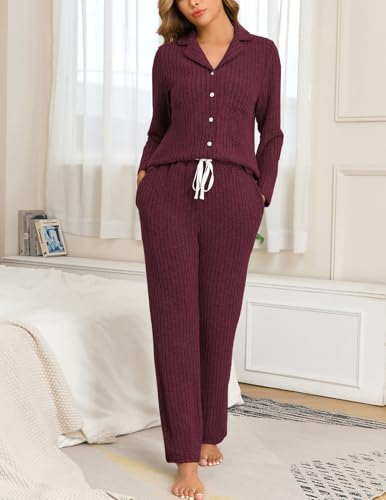 Image of Veseacky Women's Ribbed Knit Pajamas Set 2 Piece Warm Soft Loungewear Sleepwear Pjs S-XXL