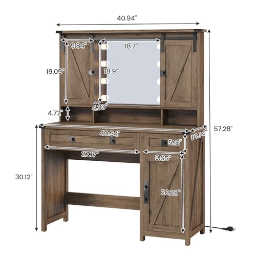 Image of AOGLLATI Makeup Vanity with Lights & Barn Doors, Vanity Desk with Mirror and Lights & Charging Station, Farmhouse Brown Vanity Table with Jewelry Hooks and Open Storage Shelves