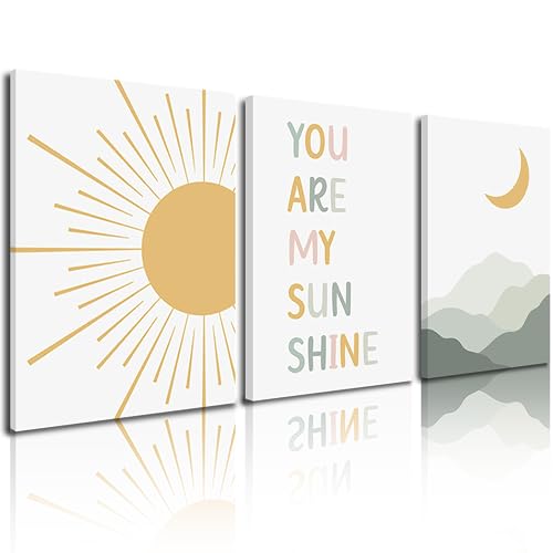 Image of igno Boho Sun Moon Wall Art Set of 3,Framed Canvas Wall Art Sun Rising on The Horizon Geometric Nature Mountain Art Wall,Mid-Century Modern Prints Boho Wall Decor Nursery Decor Green Brown 12"x16"