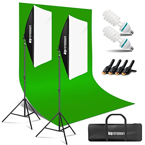 FOTGRAFI Lot de 2 lampes photo [50 x 70 cm] – Kit de studio photo haut de gamme – Support de lampe réglable – Lampe de studio – Avec sac de transport, pinces et kit Greenscreen