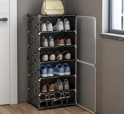 Image of AYSIS 6 Shelf DIY Shoe Rack Box Organizer ^ Multi-Purpose Plastic Shoe Rack for Home, PP Plastic Home Rack with Door for Entryway, Chappal Slipper Shoe Stand【Black Standing, 6-Shelf-2-Door】