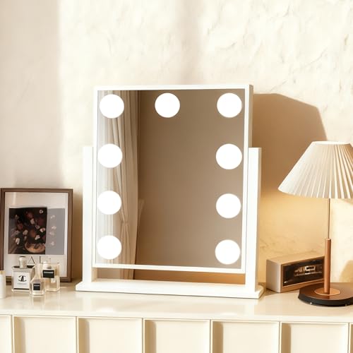 HonWang Lighted Vanity Mirror with 9 LED Lights, Detachable 10x Magnifying Mirror, 3-Color dimmable Hollywood Makeup Mirror, Smart Touch Control, Metal Frame, 360-degree Rotation, White/Black (White)