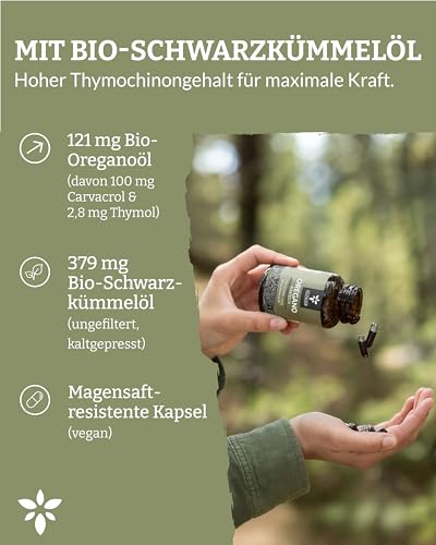 Heldengrün® Oregano & Schwarzkümmelöl Kapseln [HOCHDOSIERT] 100 mg Carvacrol pro Kapsel - Bio Oregano Öl mit +82% Carvacrol aus Griechenland - magensaftresistent, laborgeprüft & vegan - 90 Stück