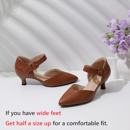 Image of RIBONGZ Comfortable Kitten Heels for Women Pointed Closed Toe Ankle Strap Buckle Heels Slip on Low Heel Church Pumps Wedding Bridal Party Dressy Shoes