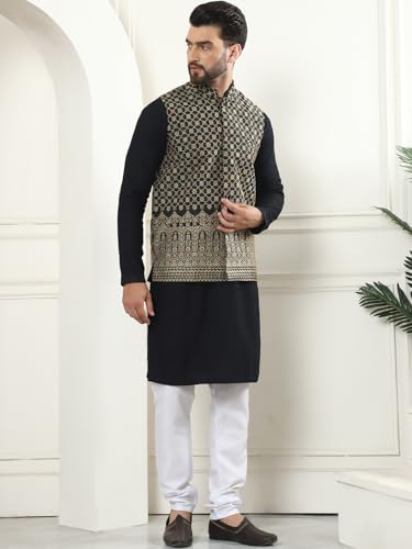 Image of SOJANYA (Since 1958 Men's Cotton Linen Maroon Kurta and White Pyjama with Mustard Cotton Nehru Jacket