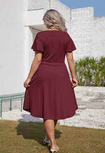 Image of Women's Plus Size Summer Dresses V Neck Ruffle Short Sleeve Casual Wrap A Line Midi Dress with Pockets
