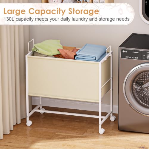 Image of Rolling Laundry Basket with Wheels,Large Capacity Laundry Basket Cart | 130L Fabric Clothes Hamper Organizer Cart for Laundry Room Bedroom Bathroom Dorm,White