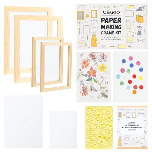 Caydo Paper Making Kit 2 Size A5 A6 Papermaking Mould and Deckle with Pulp Sheets Mesh Sponge Paints & Confetti Paper Making Screen Kits for Adult DIY Paper Making Supplies for Craft Lovers