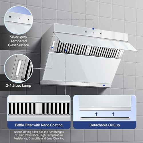 Image of Tieasy Under Cabinet Range Hood 30 Inch, 900 CFM Wall Mount Vent Hood with Auto-cleaning Function,Gesture & Touch Control, Silver Grey Tempered Glass Surface Kitchen Hood 3 Speed Exhaust Fan