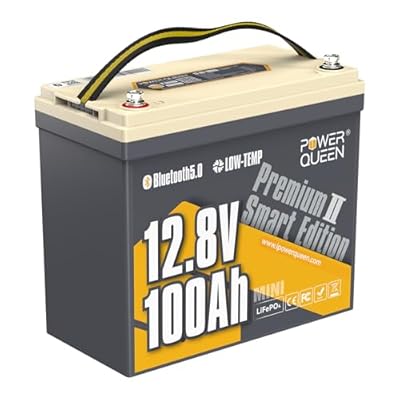 Power Queen 12V 100Ah Mini LiFePO4 Battery with Bluetooth, Low Temp Cut-off, 12V Lithium Battery 100A Smart BMS, Support Monitoring Battery via Phone Bluetooth, 15000 Cycles for RV, Solar, Marine