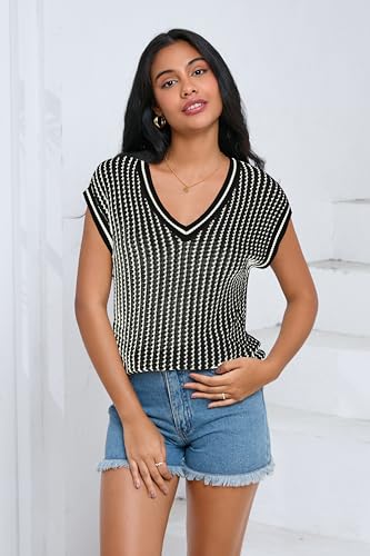 Image of SAUKOLE Women's Sweater Vest Casual V Neck Cap Sleeve Knit Pullover Tops | 2026 Spring Clothes, Soft Knit Shirts, Short Sleeves T-shirts, Tunic Blouses, Sweater Tank Tops