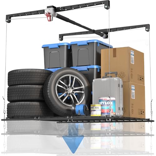 Overhead Garage Storage Lift, Adjustable Heavy-duty 4×4 Ft Ceiling Racks with Safety Lock, Ideal for Storage Lifting Organization System, 250lbs Capacity