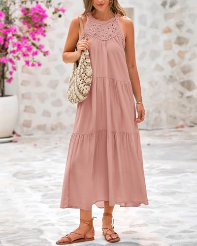 Image of BTFBM Halter Summer Dresses for Women 2026 Casual Spring Hollow Out Sleeveless Boho Sundresses Beach Vacation Maxi Dress