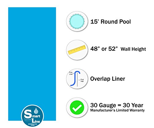 Solid Blue 15-Foot Round Liner | Overlap Style | 48-To-52-Inch Wall Height | 30 Gauge Virgin Vinyl | Designed For Steel Sided Above-Ground Swimming Pools | Universal Gasket Kit Included #TOP2