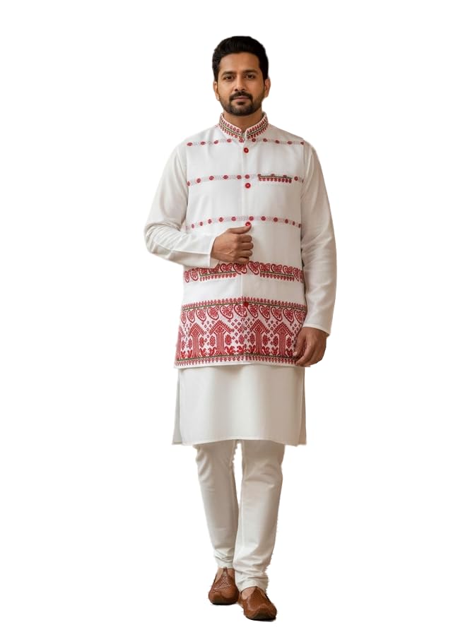 Men’s Traditional Handwoven Cotton Sadri (Jharkhandi & Assamese Style) | Soft & Breathable Premium Cotton Waistcoat Cultural Events, Puja, Wedding & Daily Traditional Use (White 3)-picture-53