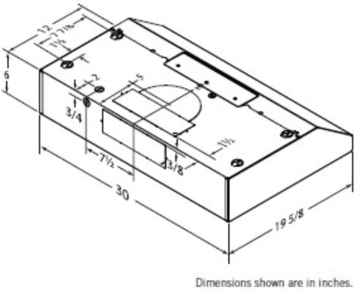 Technical drawing showing dimensions of the range hood in inches.