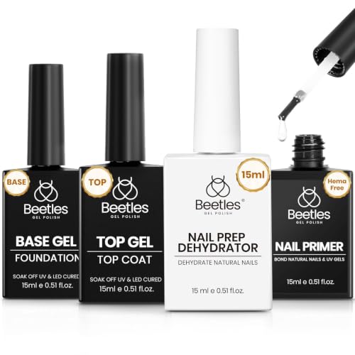 Image of Beetles 4Pcs Gel Top Coat and Base Coat with Nail Dehydrator and Primer Set - Acid-Free & Hema-Free Nail Bond for Gel Polish & Acrylic Nails, Long-Lasting for Professional Manicure Prep Kit