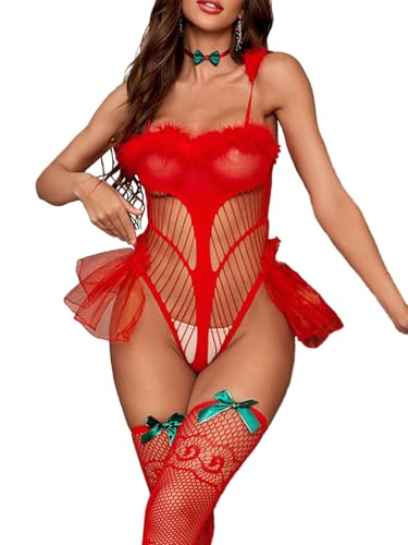 Rayson Lingerie Sexy pour Noël Ensemble de Lingerie en Dentelle Rouge Chemise de Nuit en Résille avec Bas Maille Femme Dentelle,C