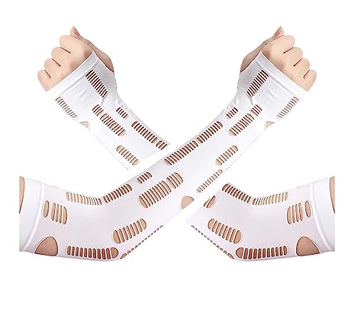 Mrotrida Women's Ripped Fingerless Glove Cosplay Halloween Grunge Gloves Multi-role Ice Silk Sunscreen Long Arm Sleeve