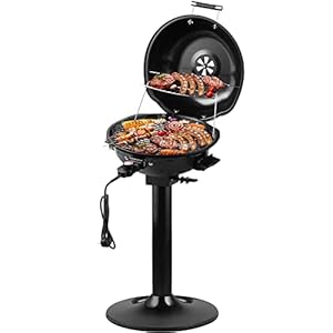 CUSIMAX Elektrogrill Standgrill mit Deckel und Standfuß, Regulierbare Temperatur und Fettauffangschale, 1600W Elektrischer Barbecue-Grill für Außennutzung, Balkon & Garten, Leichte Reinigung